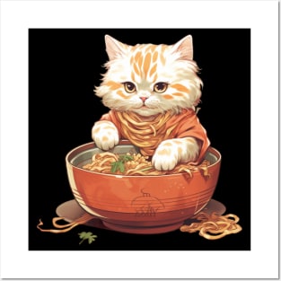 Cat Noodle Delight T-Shirt: Orange & White Cartoon Kitty Eating Animated Noodles Posters and Art